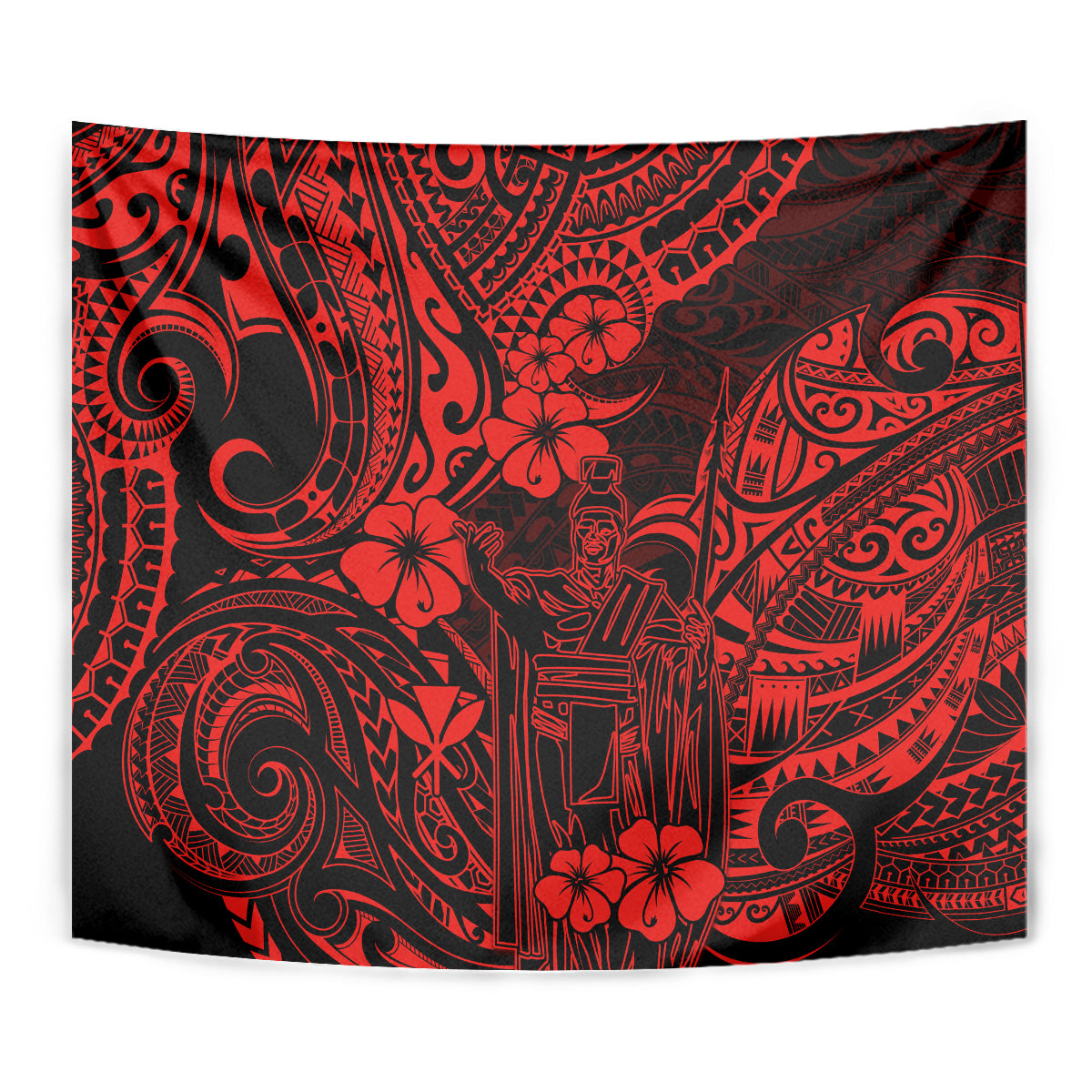 Red and black Polynesian pattern tapestry wall hanging close view of tribal figure and swirls