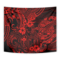 Red and black Polynesian pattern tapestry wall hanging close view of tribal figure and swirls
