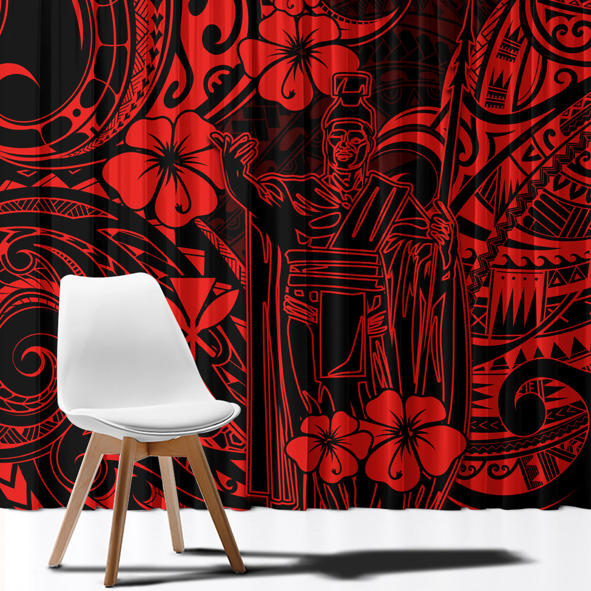 Red and black Polynesian-pattern window curtain with bold floral and tribal figures