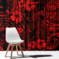 Red and black Polynesian-pattern window curtain with bold floral and tribal figures