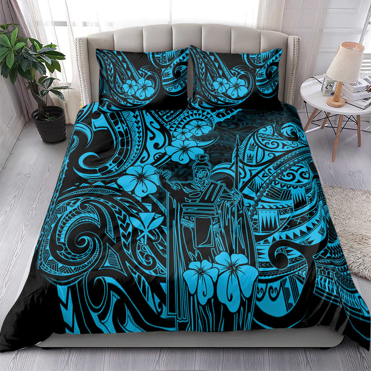 Polynesian patterned bedding set comforter and pillowcases in blue and black on a bed