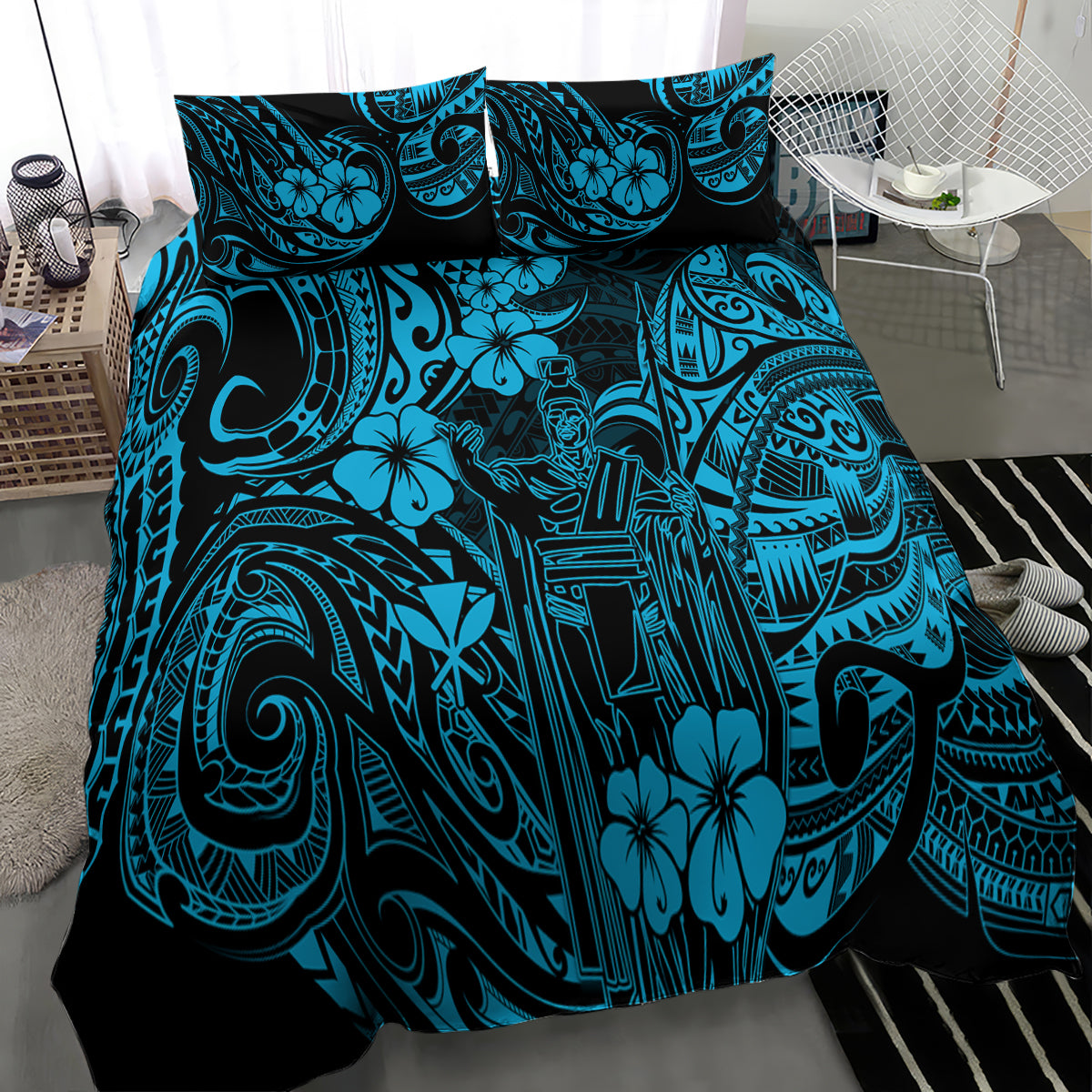 Polynesian patterned bedding set comforter with blue and black tiki motifs and flowers