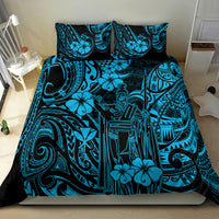 Polynesian patterned bedding set comforter in vivid blue with black tribal designs