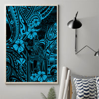 Framed canvas wall art with teal and sky-blue Polynesian motifs and central warrior figure