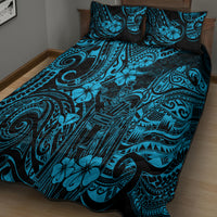 Polynesian quilt bed set with two pillow covers, blue and black tropical motif