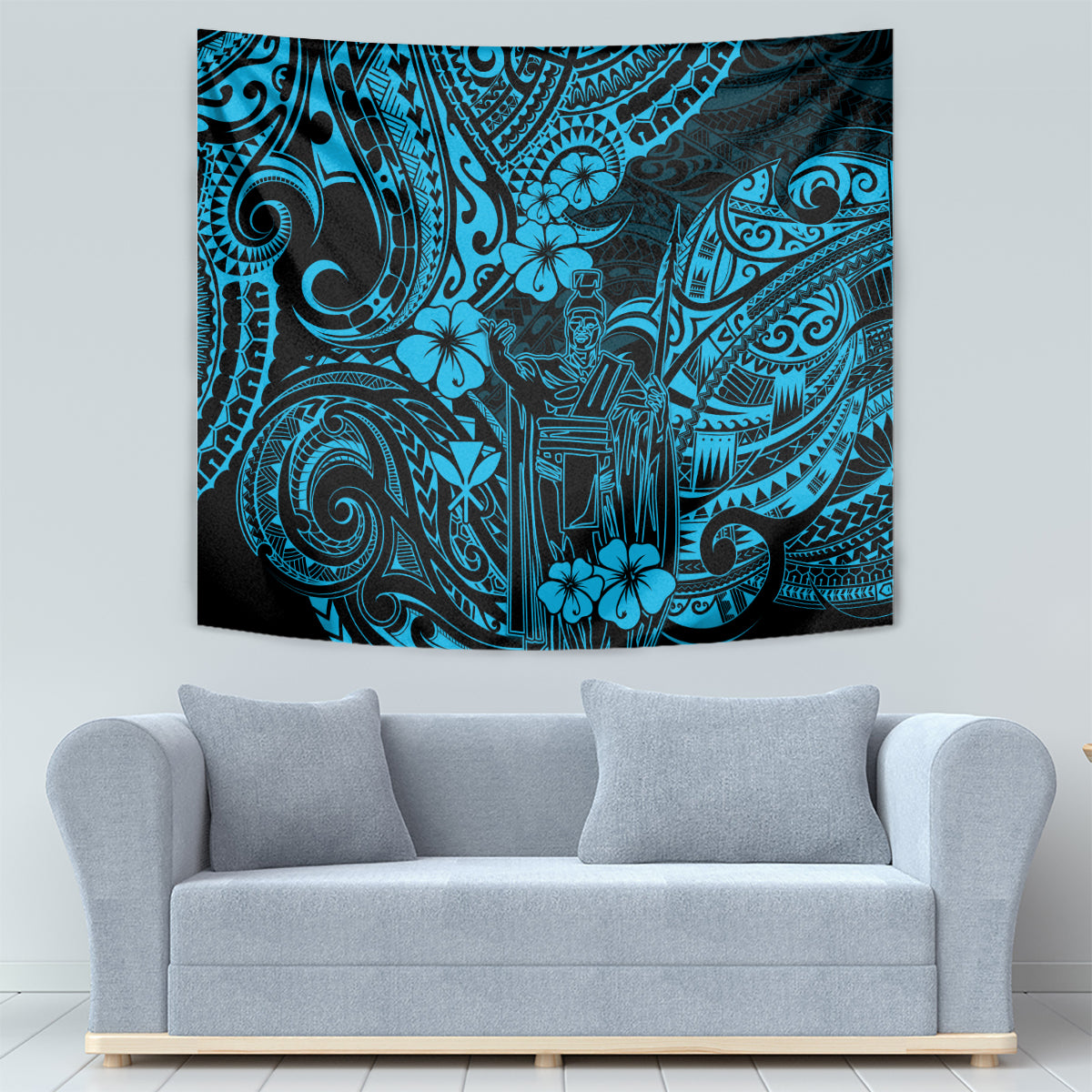 Polynesian wall tapestry in sky blue with ornate Polynesian designs and central tiki figure