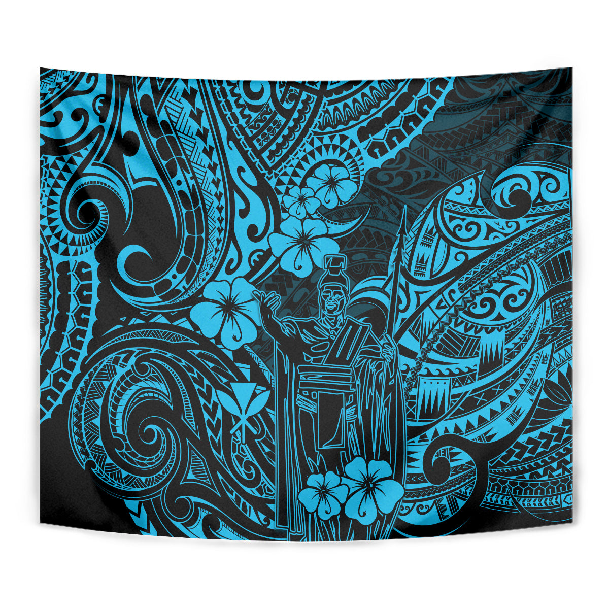 Polynesian tapestry in sky blue with close-up tribal swirls, flowers, and central figure