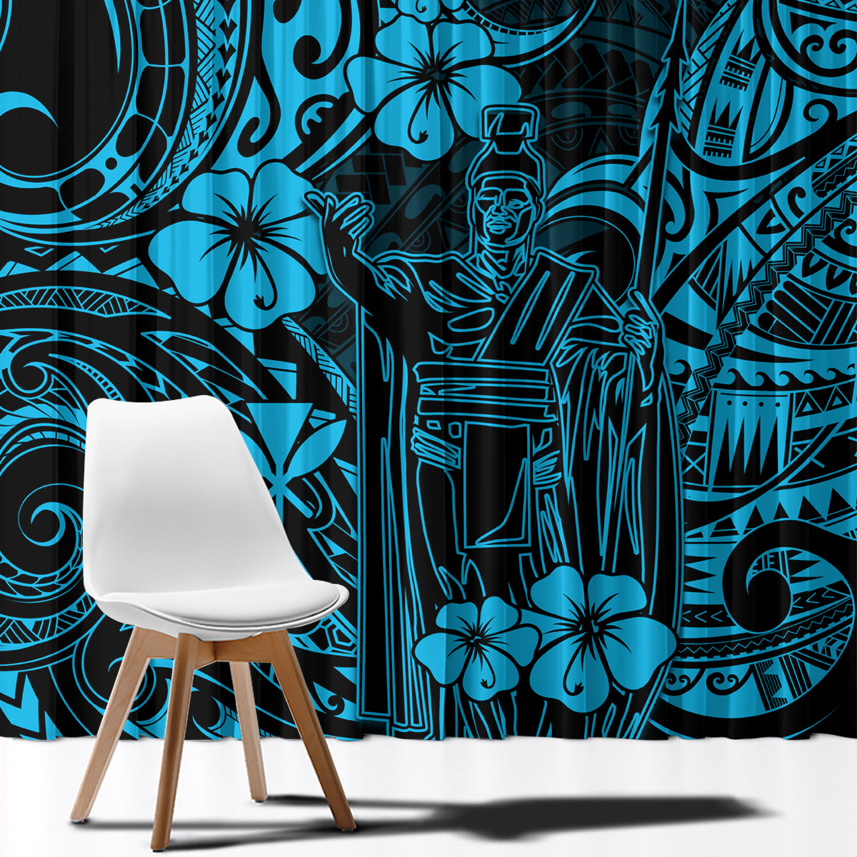 Blue Polynesian pattern curtain panel with stylized faces, swirls, and flowers