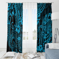 Blue Polynesian pattern curtains with tiki figures, swirls, and flower details