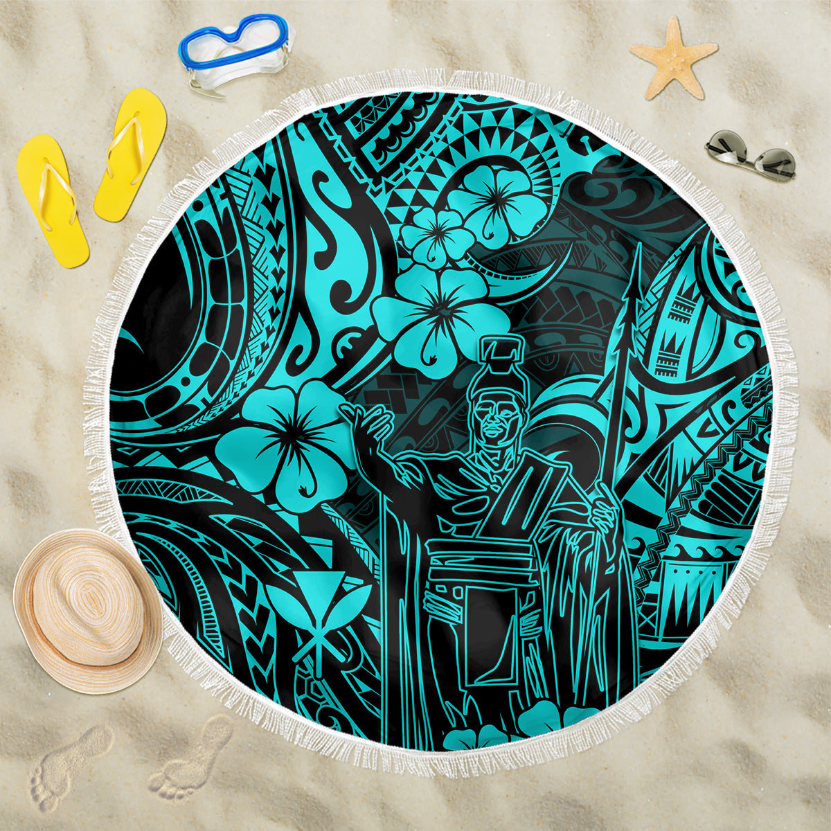 Turquoise round beach blanket with Polynesian pattern and white fringe border