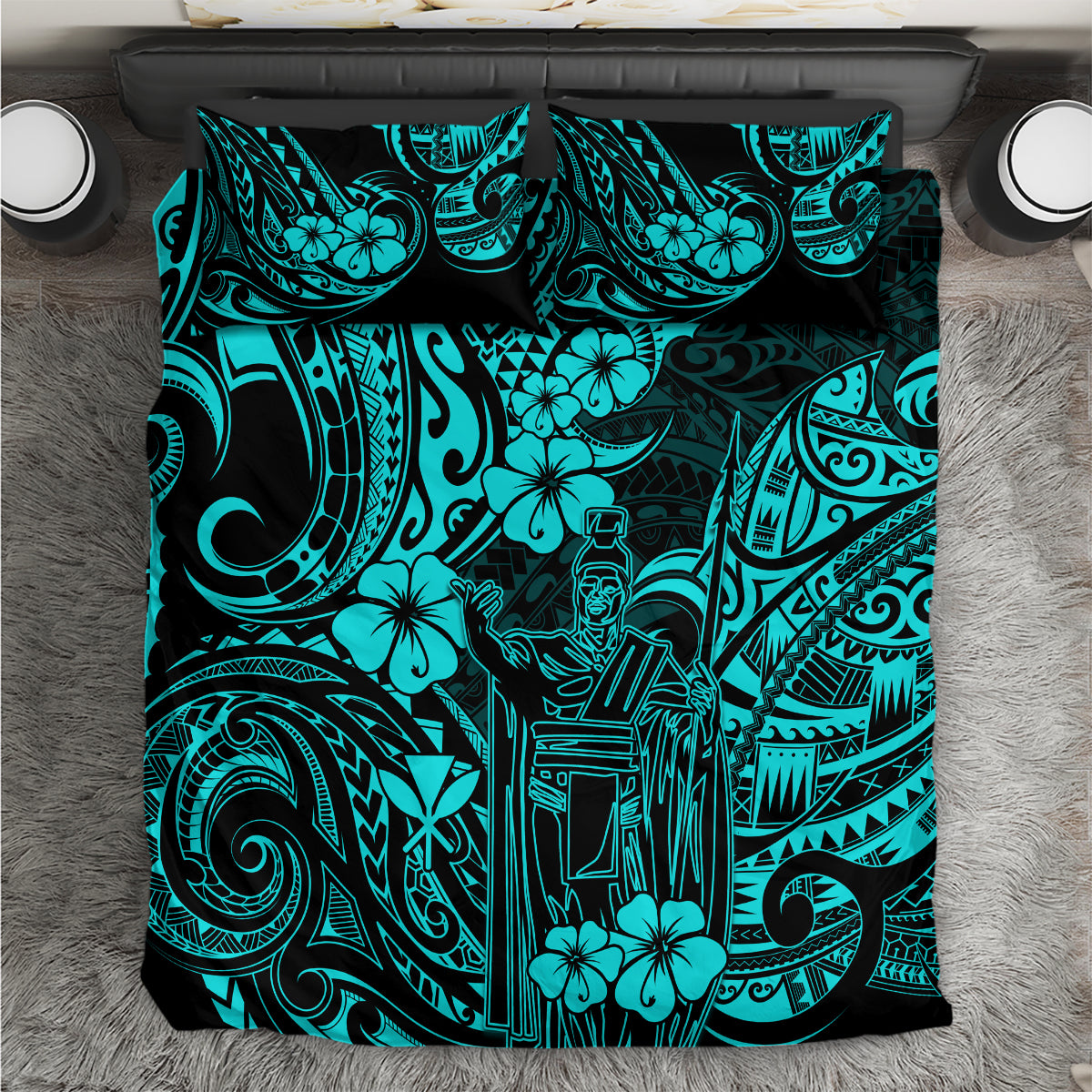 Turquoise and black Polynesian tribal pattern bedding comforter