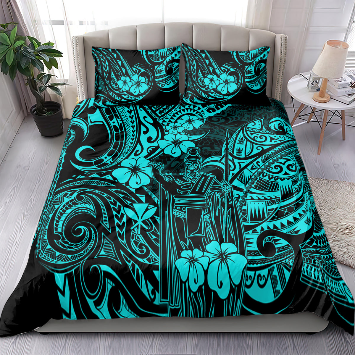 Turquoise and black Polynesian tribal patterned bedding set with pillow