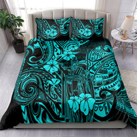 Turquoise and black Polynesian tribal patterned bedding set with pillow