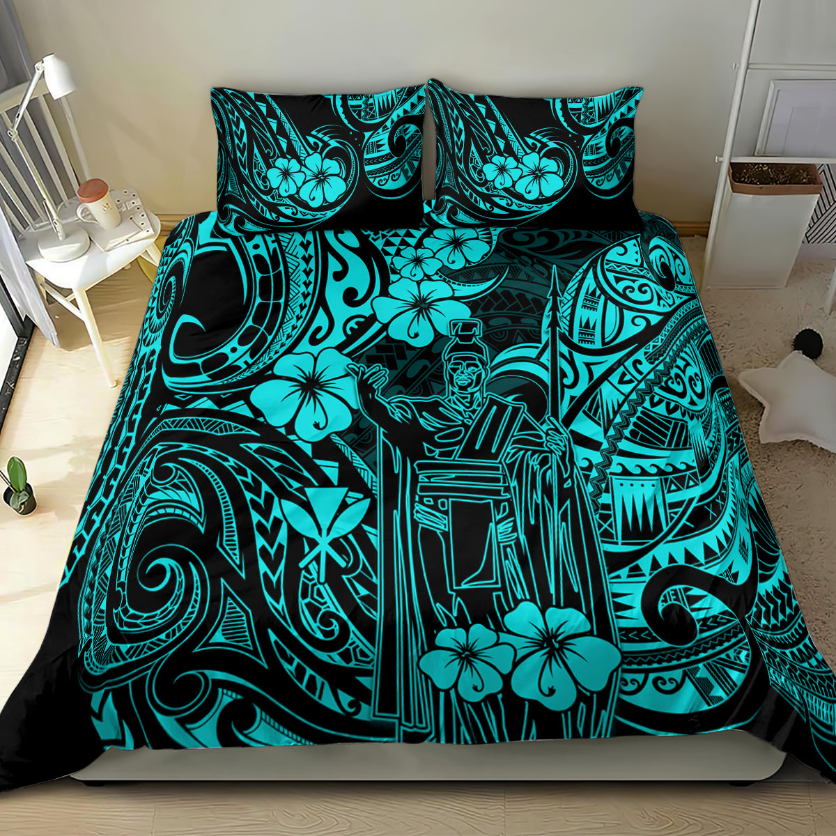 Turquoise and black Polynesian tribal patterned quilt with matching pillows