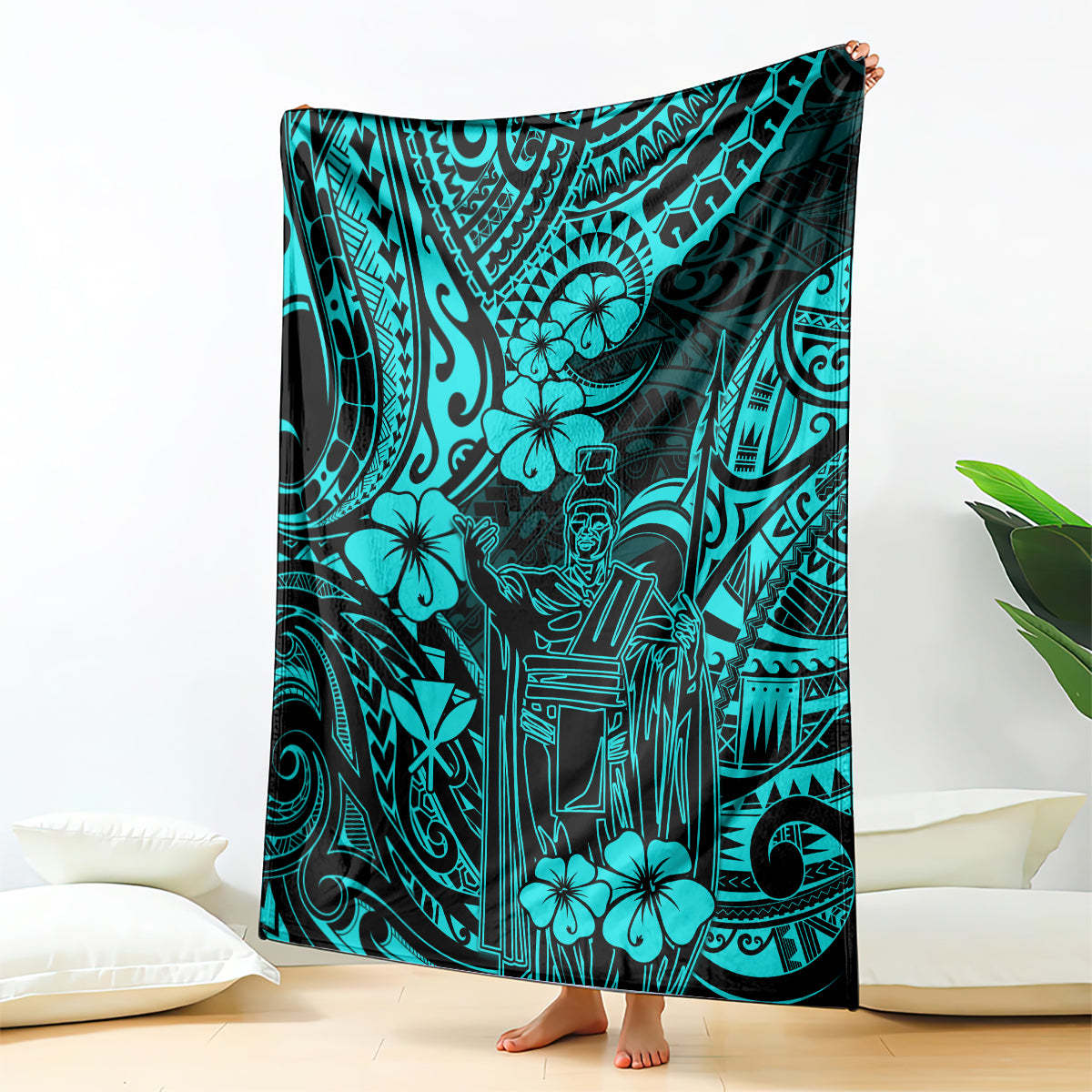 hawaii-king-kamehameha-blanket-polynesian-pattern-turquoise-version