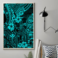 Framed turquoise Polynesian canvas wall art with central tribal dancer and hibiscus motifs