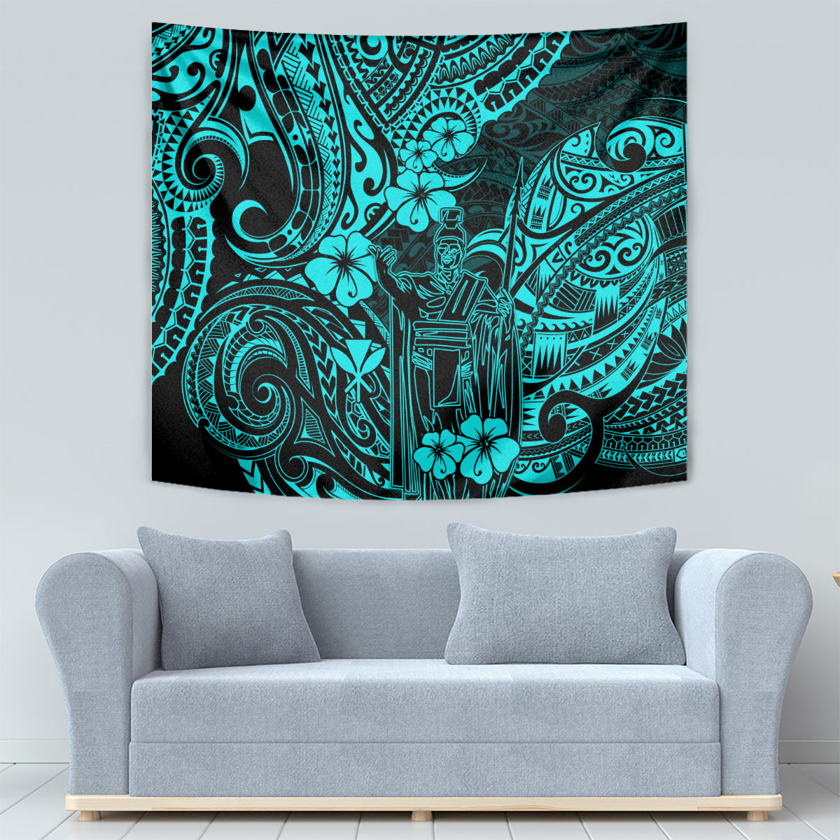 Turquoise Polynesian pattern tapestry with tiki figure, hibiscus flowers, and scrollwork