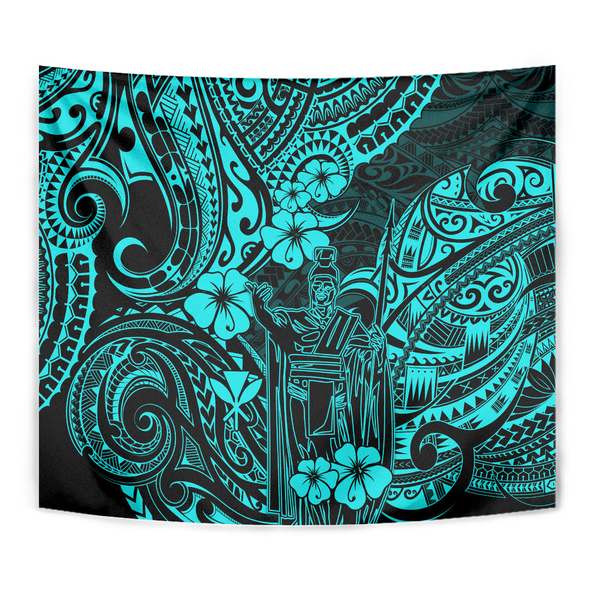 Turquoise Polynesian pattern tapestry close-up with tiki figure and swirl ornaments