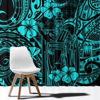 Turquoise Polynesian pattern window curtain with bold floral and tribal line details
