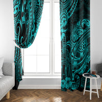 Turquoise window curtain panels with Polynesian motifs and dark swirling designs