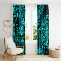 Turquoise window curtain panel pair with Polynesian scrollwork and hibiscus-style flowers