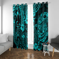 Turquoise Polynesian pattern curtain panels with swirling icons and flowers