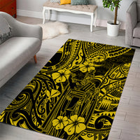 Yellow and dark Polynesian pattern area rug on open living room floor