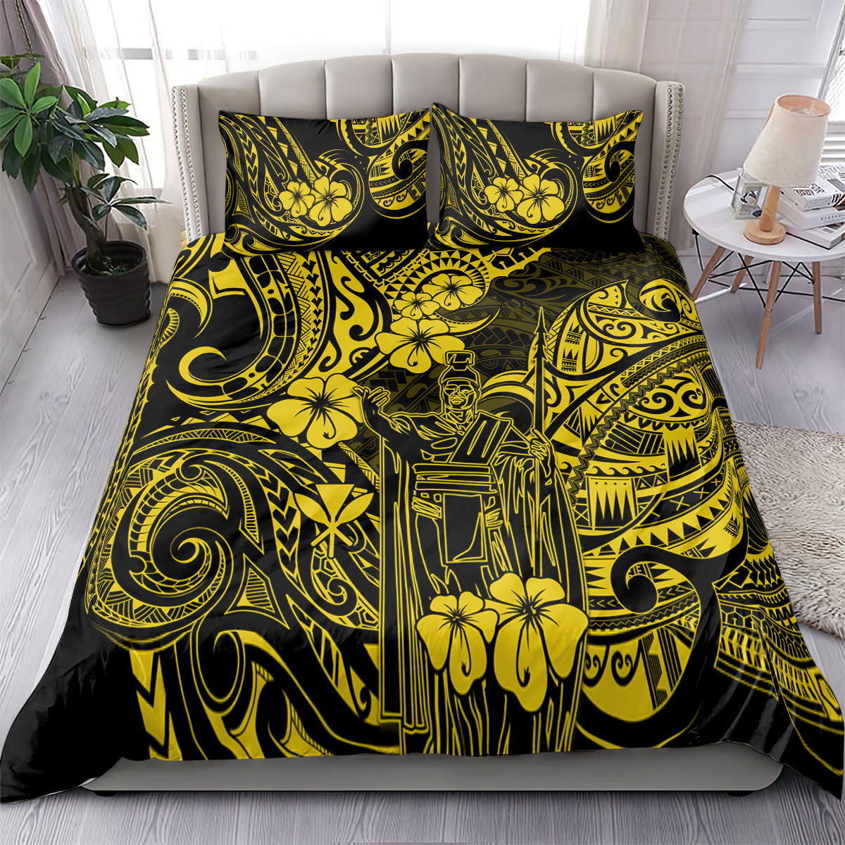 Yellow and black Polynesian-style bedding set with floral, tiki-inspired pattern