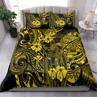 Yellow and black Polynesian-style bedding set with floral, tiki-inspired pattern