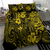 Yellow and black Polynesian pattern bedding set, featuring hibiscus and tribal motifs
