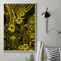 Canvas wall art with yellow and black Polynesian tiki pattern, swirling lines and flowers