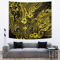 Yellow and black Polynesian pattern tapestry wall hanging with ornate tribal scrollwork.
