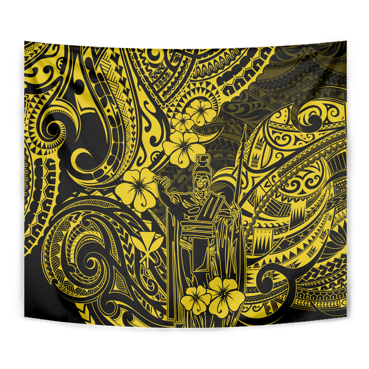 Yellow and black Polynesian pattern tapestry close-up with detailed scrolls and flower motifs.