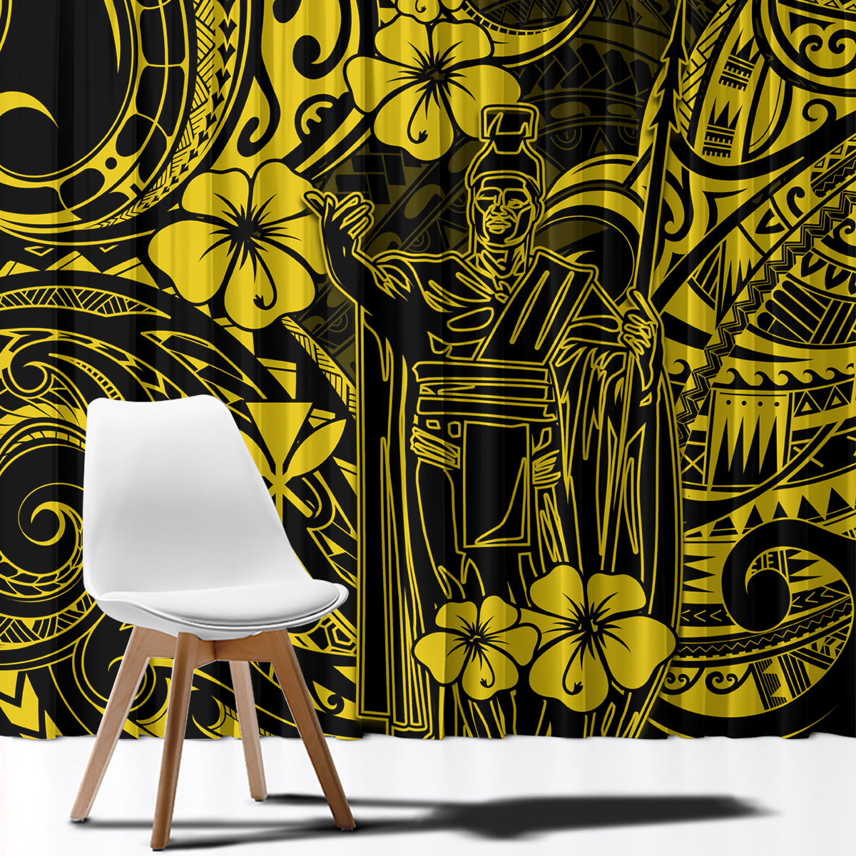 Polynesian patterned window curtain panel in yellow and black with warrior and floral motifs