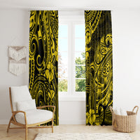 Polynesian patterned window curtains in yellow and black with hibiscus-like flower details