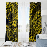 Polynesian patterned window curtains in yellow and black with a white center opening