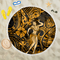 Round beach blanket with gold-and-black Polynesian hula girl pattern and white fringe border