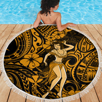 Round beach blanket featuring gold-and-black hula girl pattern with white fringed border