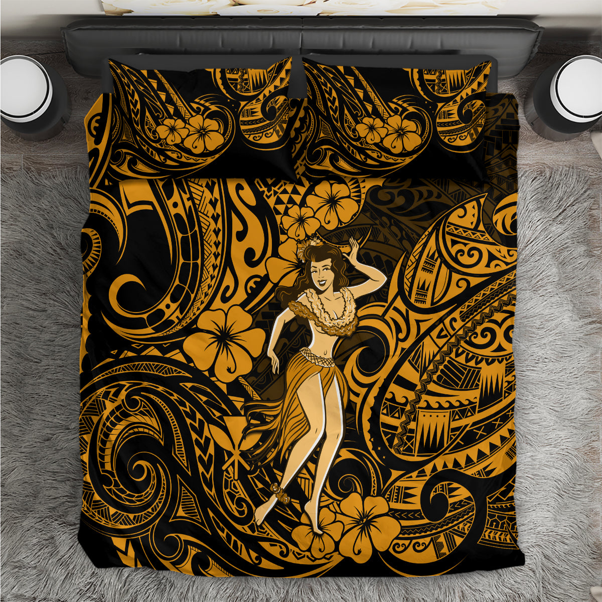Gold and black hula girl bedding set with tropical swirl and floral pattern, includes pillowcases