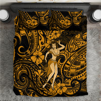 Gold and black hula girl bedding set with tropical swirl and floral pattern, includes pillowcases
