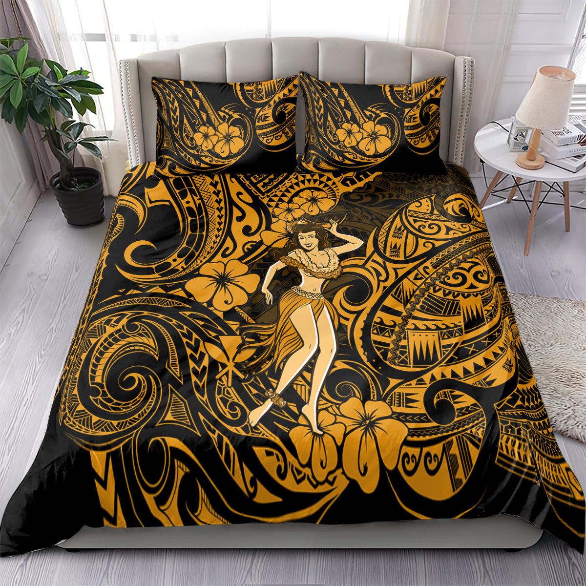 Gold and black hula girl comforter with matching pillowcases, tropical swirls and flowers