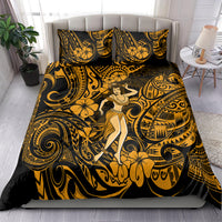 Gold and black hula girl comforter with matching pillowcases, tropical swirls and flowers