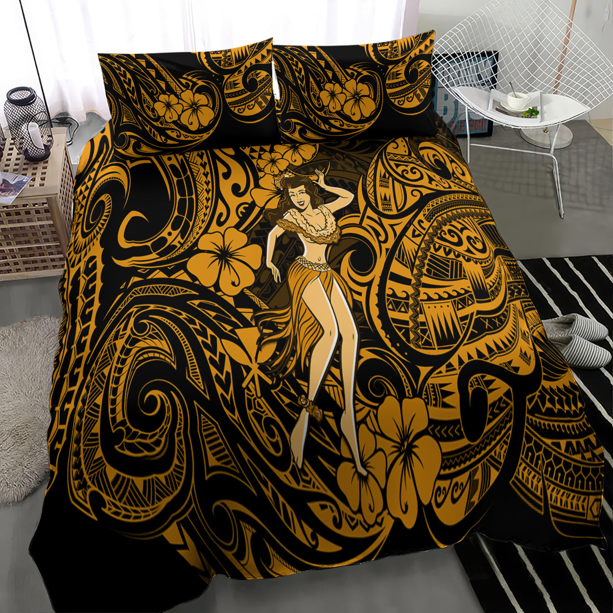 Gold and black Polynesian-style bedding set featuring a hula girl in center with floral swirls