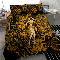 Gold and black Polynesian-style bedding set featuring a hula girl in center with floral swirls