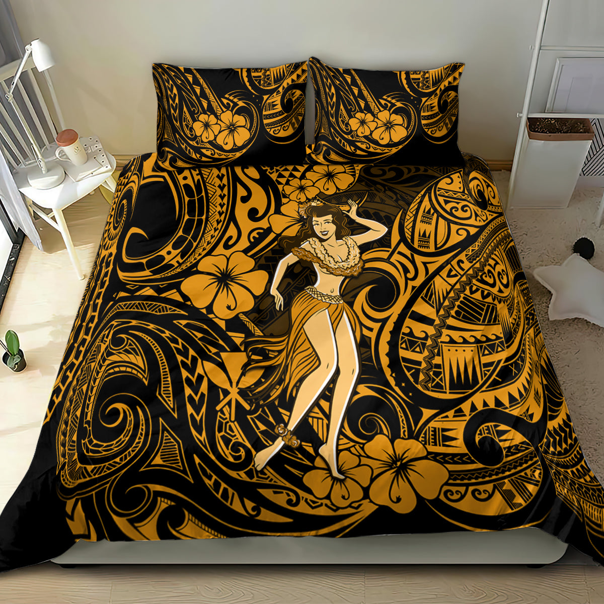 Gold and black hula girl bedding set with matching pillows, large tropical swirl pattern