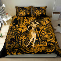 Gold and black hula girl bedding set with matching pillows, large tropical swirl pattern