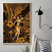 Gold and black hula girl canvas wall art with Polynesian floral patterns
