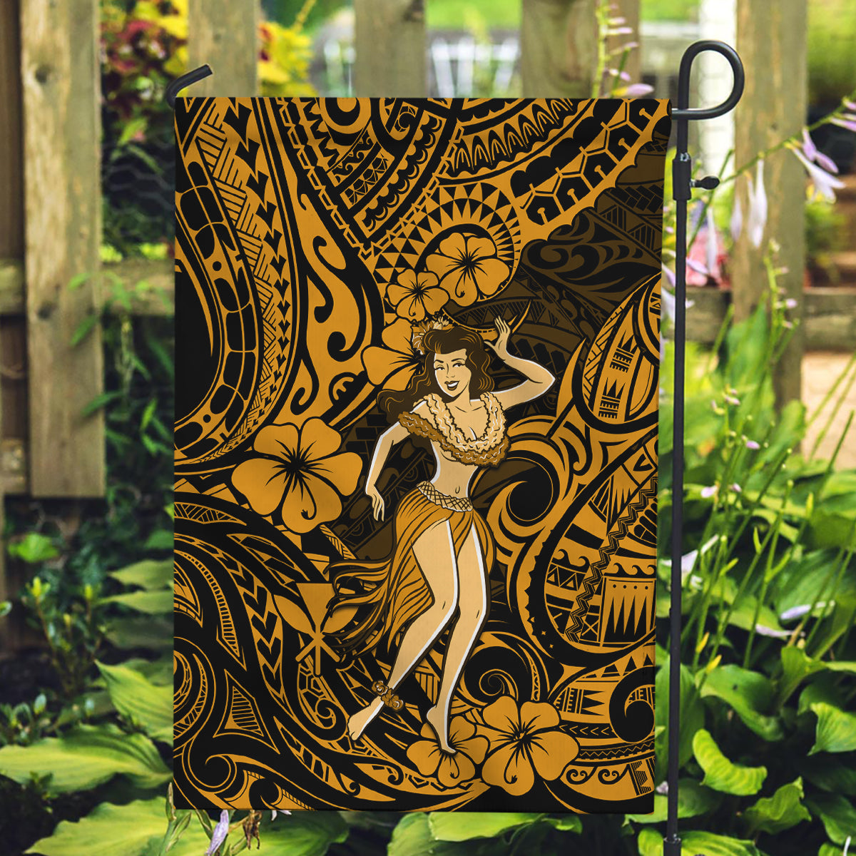 Hawaii Hula Girl Garden Flag Polynesian Pattern Gold Version - Wonder Print Shop