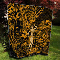 Gold and black Polynesian hula girl quilt laid out on grass with detailed swirling design