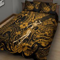 Gold-and-black quilt bed set with hula girl center motif and two pillowcases